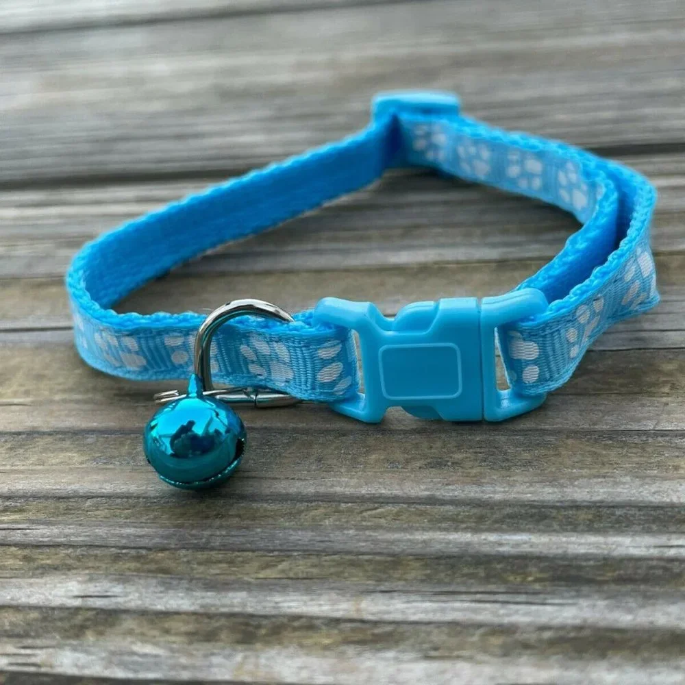 Cat Collar With Bell Adjustable Kitten Puppy Paw Print Blue Collars Adjustable